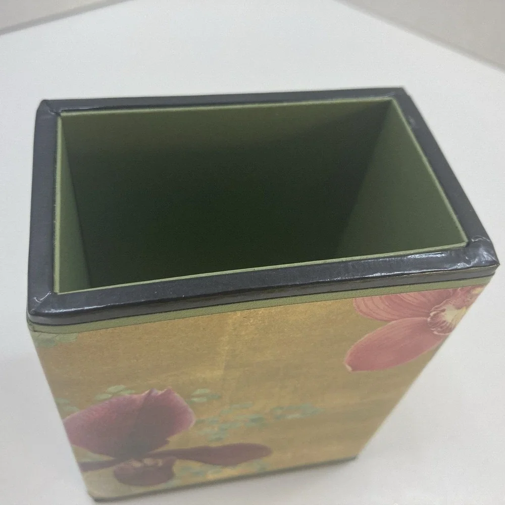 Vintage MCM Wooden Decoupage Pen Holder Iris Flowers 4.25